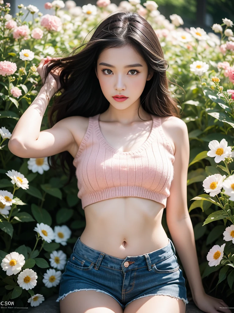 Soft light, 1 girl, shorts and knitted top, navel, lying in flowers, posing, artwork, cgstation trend, photographic art, depth of field, cinematic light, detail, ultimate beautiful facial features, facial focus, eyelashes, blush, dynamic pose