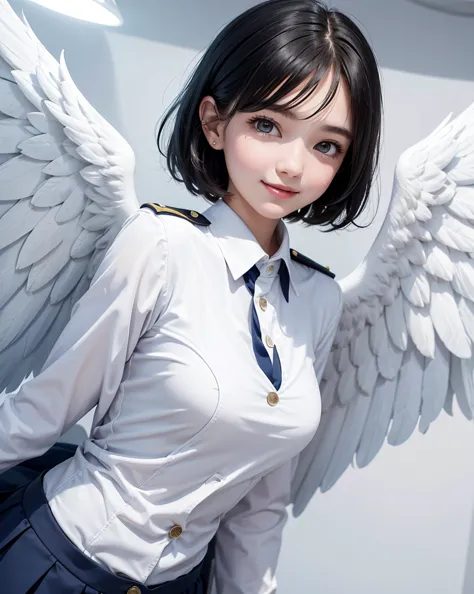 pop art,flat design,
angel girl,cute,15yo,ange halo,navy wavy short hair,(big white wings),
(flight attendant uniform),
in eden,...