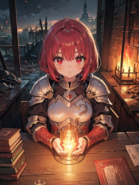 (8k, highest quality, Tabletop:1.2)、Ultra-high resolution, End of the century worldview, 1 girl aged 13, Perfect Fingers, Detailed face, Tired face, Red eyes, Red hair, short hair, Silver Armor, Gauntlet, Long tights, Leggers, In the ruined city, The dust rises, dim, carry a sword on one&#39;s waist, Arms crossed, upright