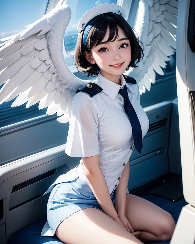 pop art,flat design,
angel girl,cute,15yo,ange halo,navy wavy short hair,(big white wings),
(flight attendant uniform),
in airplane,about to jump out of the window,
dynamic angle,nihilistic smile,beautiful lighting,photographic portrait, sharp,