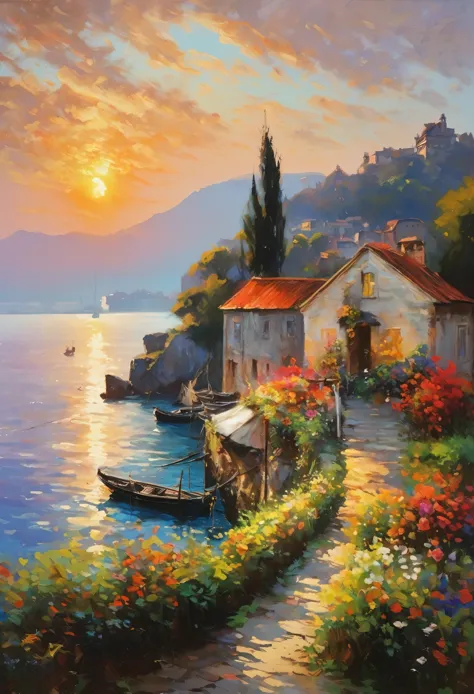 Cozy rooms, 壁に大きなoil, Painter of Light, (((Monet's paintings, Impressionist painting:1.2, oil, Harbour sunrise scenery:0.9, The ...