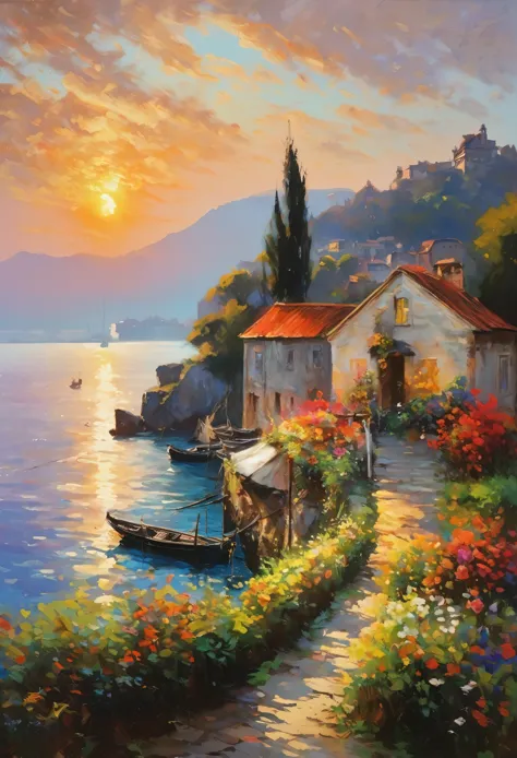 cozy rooms, 壁に大きなoil, painter of light, (((monet's paintings, impressionist painting:1.2, oil, harbour sunrise scenery:0.9, the ...