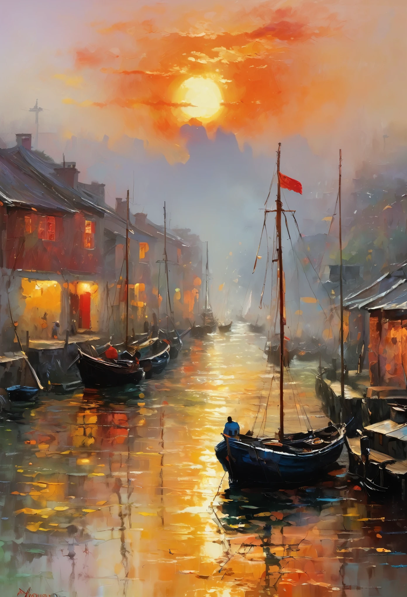 Cozy rooms, 壁に大きなoil, Painter of Light, Monet's paintings, Impressionist painting, oil, Harbour sunrise scenery, The sea is depicted with bold, improvised brushstrokes、A distant view of the port, completely shrouded in mist, The rising red sun is the accent, The soft colors and gentle brushstrokes create a tranquil atmosphere.。The focus of the image is on impression、The painting itself is a masterpiece、Impeccable writing、Bold brushstrokes、Impressionist feeling, The mysterious beauty of that moment, The wall on which the painting hangs is decorated with an elegant frame.、Enhances the overall aesthetic appeal。Warm lighting、The elegant combination of rooms creates an enchanting atmosphere.、It invites the viewer to immerse themselves in the serenity and beauty of the depicted moment.。The image is、To truly capture the essence of the painting and its surroundings、Top quality with high resolution and ultra-detailed rendering。The art style is、Emphasis on realistic and photorealistic expression、伝統的なoilの技法を反映。The colors are warm and inviting、Highlight the rich colors of the sunset、Infuse a room with a warm glow。Lighting、Make your painting stand out、Add depth and dimension to the entire scene。