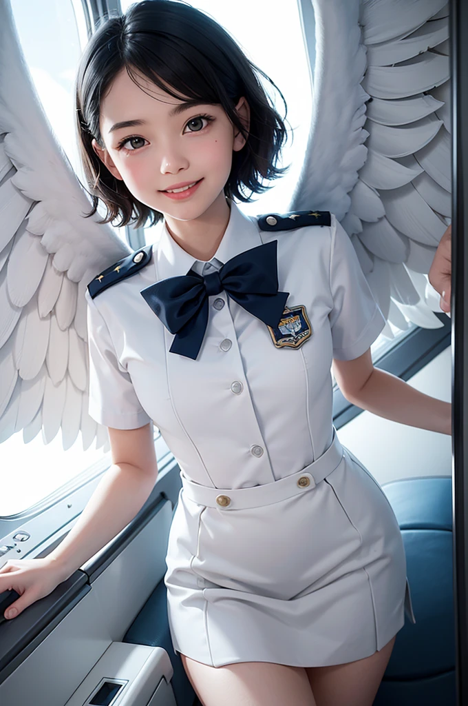 arte pop,projeto plano,
menina anjo,bonitinho,15 anos,anjo halo,cabelo curto ondulado marinho,(grandes asas brancas),
(uniforme de comissário de bordo),
em avião,prestes a pular da janela,
Ângulo Dinâmico,Sorriso niilista,bela iluminação,retrato fotográfico, afiado,