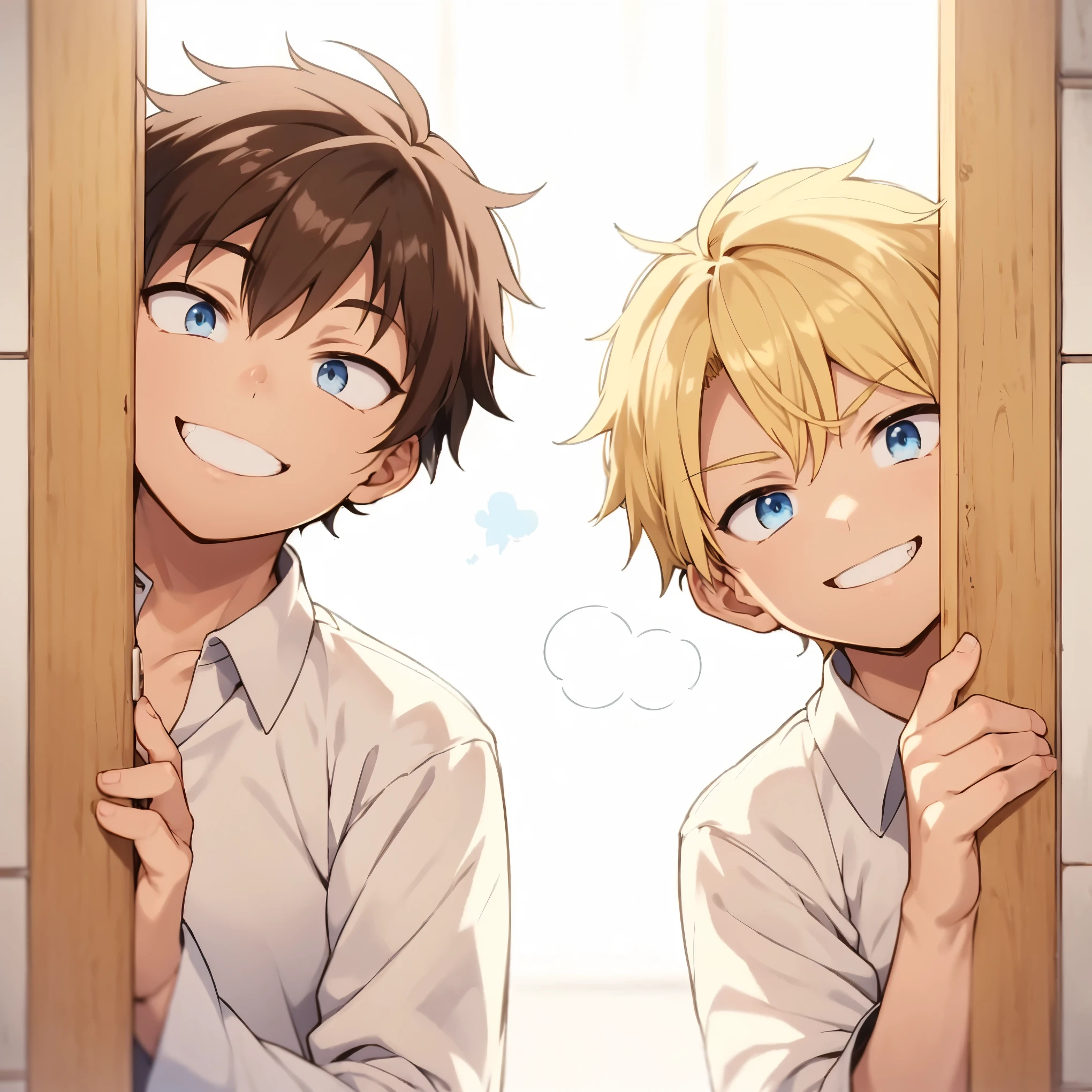 2 boy,grinning,An anime-style image showing two boys eavesdropping with their ears pressed against a door. Both boys are leaning in and listening intently. One boy has blonde hair, and the other has brown hair. Both are wearing white collared shirts. The composition focuses on their upper bodies, capturing their curious expressions as they listen,(detailed eyes),detailed skin,masterpiece,best quality,Top Quality,High quality,