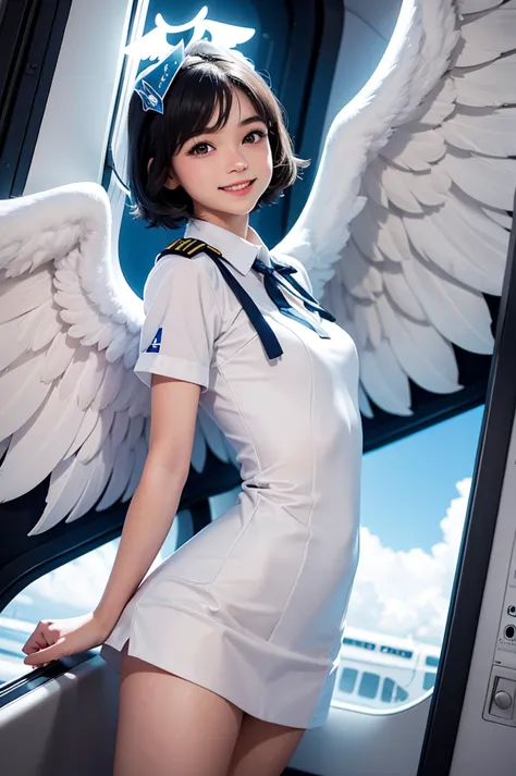pop art,flat design,
angel girl,cute,15yo,ange halo,navy wavy short hair,(big white wings),
(flight attendant uniform),
in airpl...