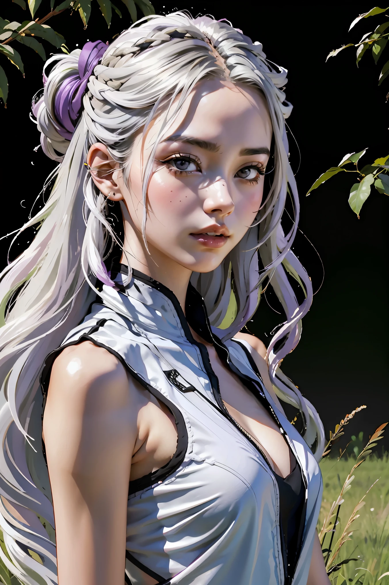 4k realistic, 2, girl, grass, nature, messy hair, long hair, silver hair with purple tip, 