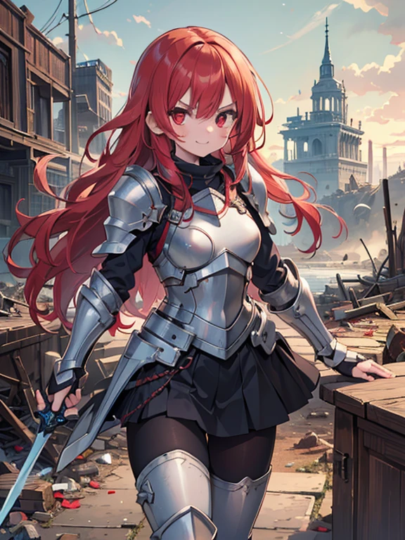 (8k, highest quality, Tabletop:1.2)、Ultra-high resolution, End of the century worldview, 1 girl aged 13, Perfect Fingers, Fearless smile, Angry face, Red eyes, Red hair, Long Hair, Silver Armor, Gauntlet, Long tights, Leggers, In the ruined city, The dust rises, dim, carry a sword on one&#39;s waist, Arms crossed, upright