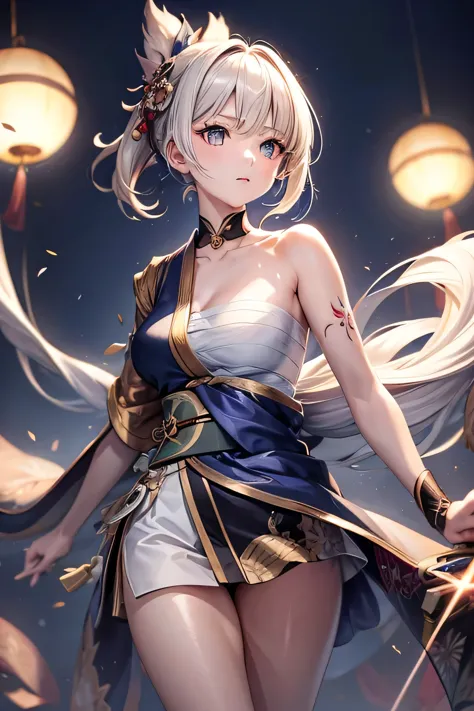 (masterpiece, best quality, dutch angle)(1girl, solo)(white hair,lapis lazuli eyes,straight long hair)(sarashi,japanese clothes,...