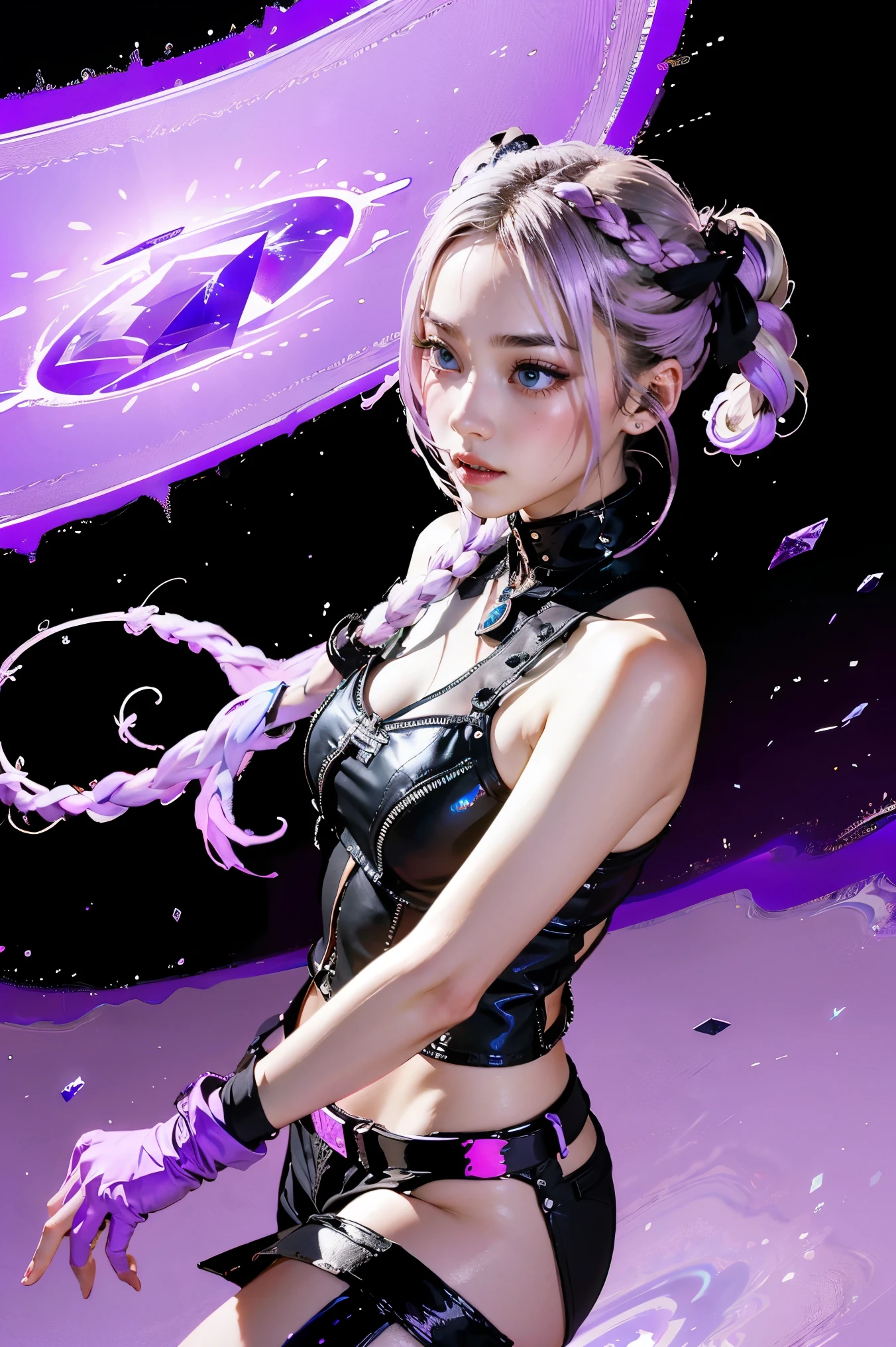 Best Quality, Ultra High Resolution, Cute, (KPOP Idol), (Long Twintail), (Light Purple Hair:1), ((Big Eyes)), Looking at you,
BREAK ((upper body:1.3)), Front View,A character with long, flowing silver hair and a slender build, wearing a black and white outfit that includes thigh-high boots and gloves. The character is in a dynamic pose surrounded by ethereal purple crystals and energy,
The character is in a dynamic pose surrounded by ethereal purple crystals and energy,A character with long, flowing purple hair, wearing a metallic top and black shorts with thigh-high boots. The outfit includes straps and belts, giving it a futuristic or fantasy style. The character is in a dynamic pose with radiant light or energy surrounding them, set against a minimalistic abstract background,