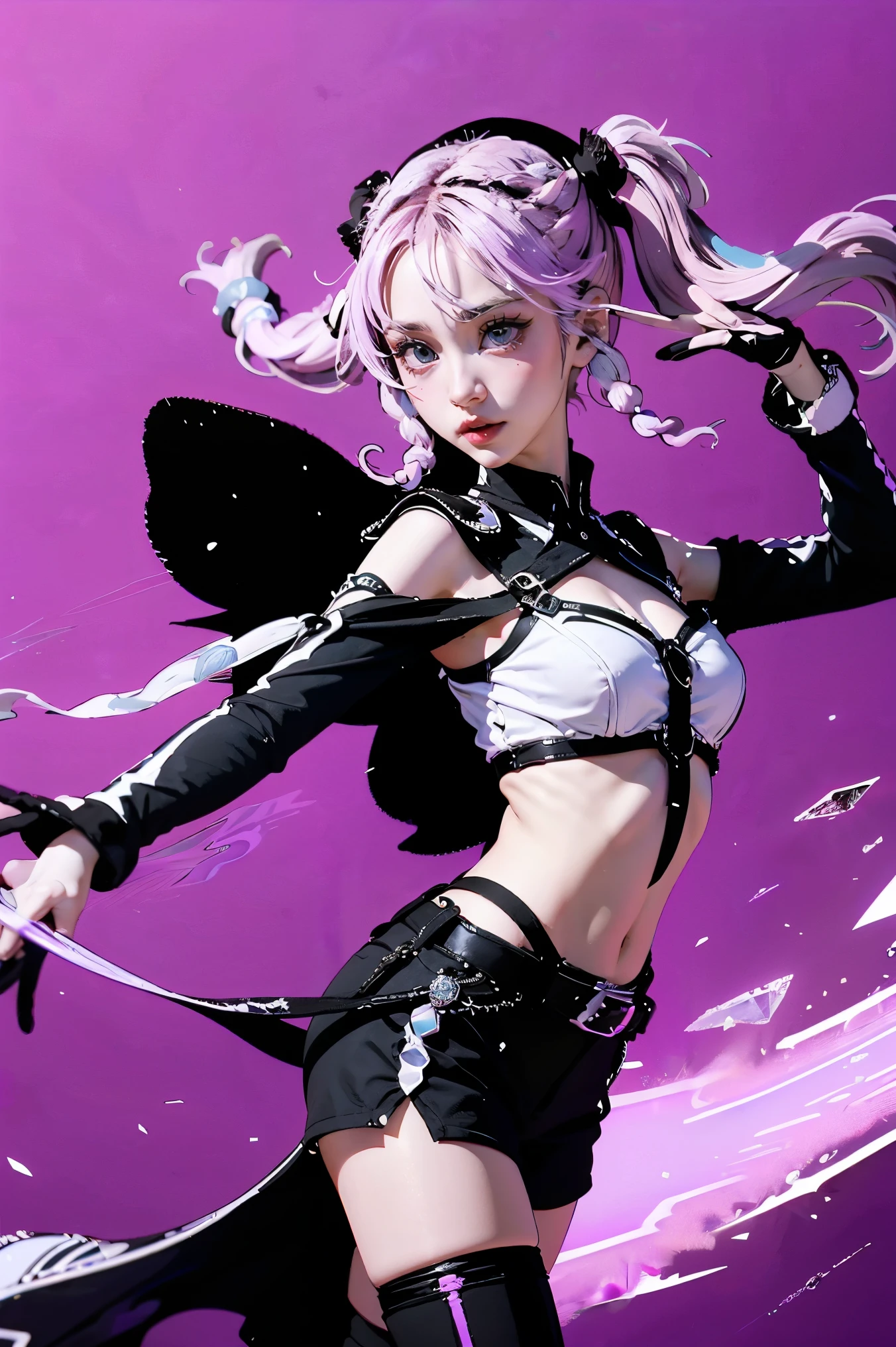 Best Quality, Ultra High Resolution, Cute, (KPOP Idol), (Long Twintail), (Light Purple Hair:1), ((Big Eyes)), Looking at you,
BREAK ((upper body:1.3)), Front View,A character with long, flowing silver hair and a slender build, wearing a black and white outfit that includes thigh-high boots and gloves. The character is in a dynamic pose surrounded by ethereal purple crystals and energy,
The character is in a dynamic pose surrounded by ethereal purple crystals and energy,A character with long, flowing purple hair, wearing a metallic top and black shorts with thigh-high boots. The outfit includes straps and belts, giving it a futuristic or fantasy style. The character is in a dynamic pose with radiant light or energy surrounding them, set against a minimalistic abstract background,