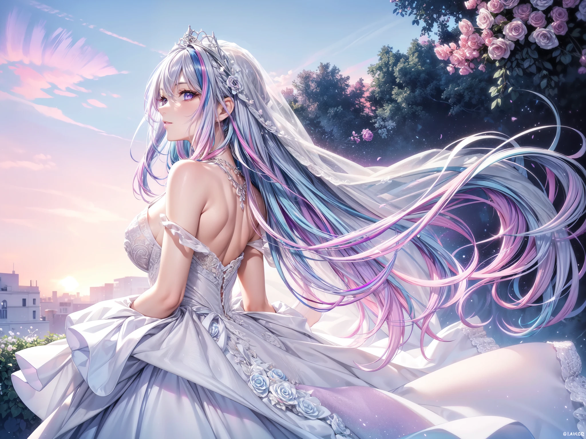 (masterpiece, best quality, beautiful and aesthetic:1.3), look back, side view, 1girl, solo, light smile,  (Silver blue hair streaked pink purple:1.4), (Gradient sky blue hair ends:1.6), hair strand, absurdly long hair, single sidelock, wavy hair, shiny hair, floating hair, (deep purple eyes), delicate eyes, aqua eyes, super high detailed eyes, long upper eyelashes, makeup, Focus on face, Very detailed facial, Pretty Face, Perfect breasts, hot body, (Delicate skin texture:1.2), bridal veil, lace-trimmed dress, see-through, wedding dress, outdoors, white roses, garden, morning, standing, extreme detailed, 