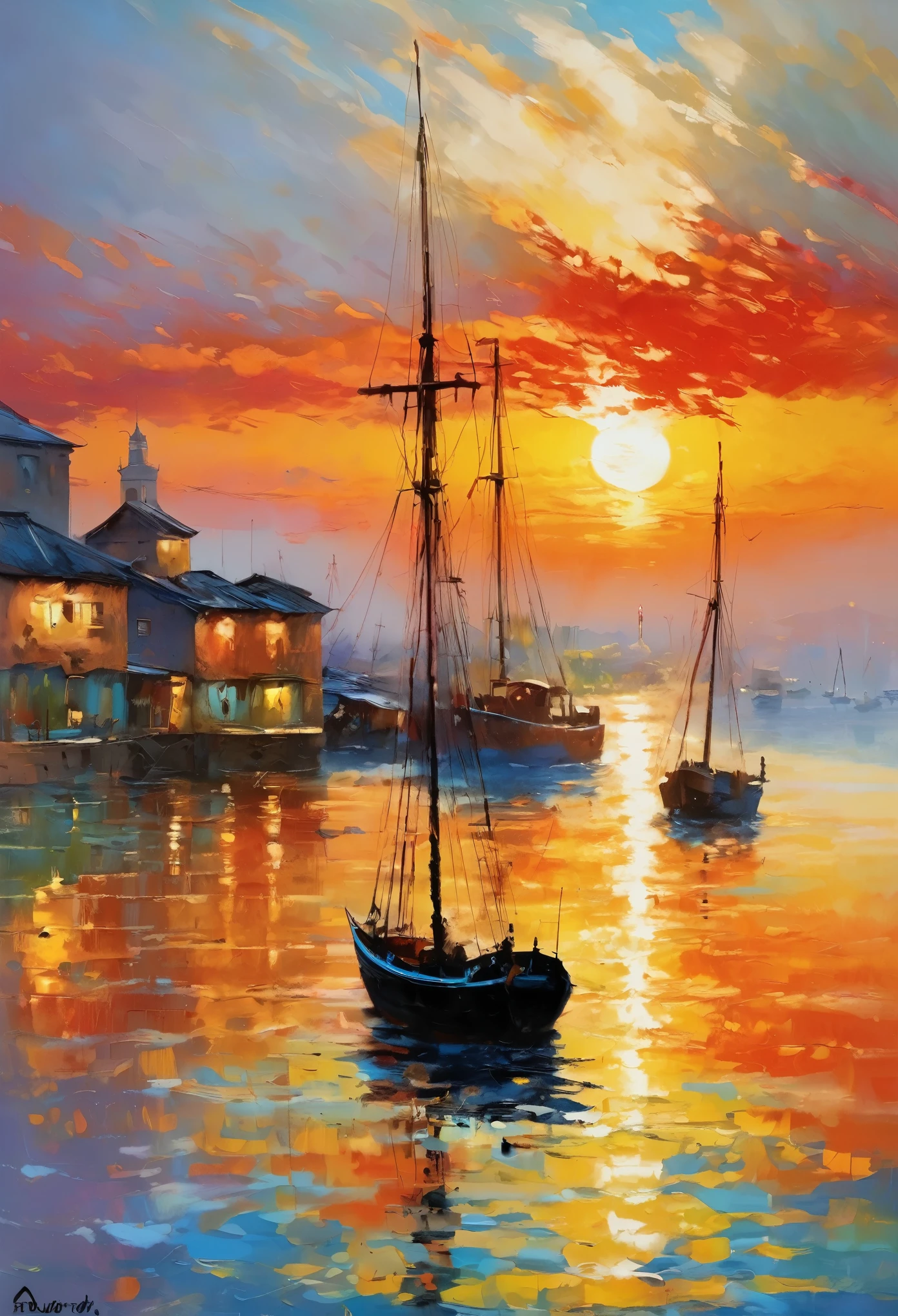 Cozy rooms, Big oil on the wall, Painter of Light, Monet's paintings, Impressionist painting, oil, Harbour sunrise scenery, The sea is depicted with bold, improvised brushstrokes、A distant view of the port, completely shrouded in mist, The rising red sun is the accent, The soft colors and gentle brushstrokes create a tranquil atmosphere.。The focus of the image is on impression、The painting itself is a masterpiece、Impeccable writing、Bold brushstrokes、Impressionist feeling, The mysterious beauty of that moment, The wall on which the painting hangs is decorated with an elegant frame.、Enhances the overall aesthetic appeal。Warm lighting、The elegant combination of rooms creates an enchanting atmosphere.、It invites the viewer to immerse themselves in the serenity and beauty of the depicted moment.。The image is、To truly capture the essence of the painting and its surroundings、Top quality with high resolution and ultra-detailed rendering。The art style is、Emphasis on realistic and photorealistic expression、Reflecting traditional oil techniques。The colors are warm and inviting、Highlight the rich colors of the sunset、Infuse a room with a warm glow。Lighting、Make your painting stand out、Add depth and dimension to the entire scene。