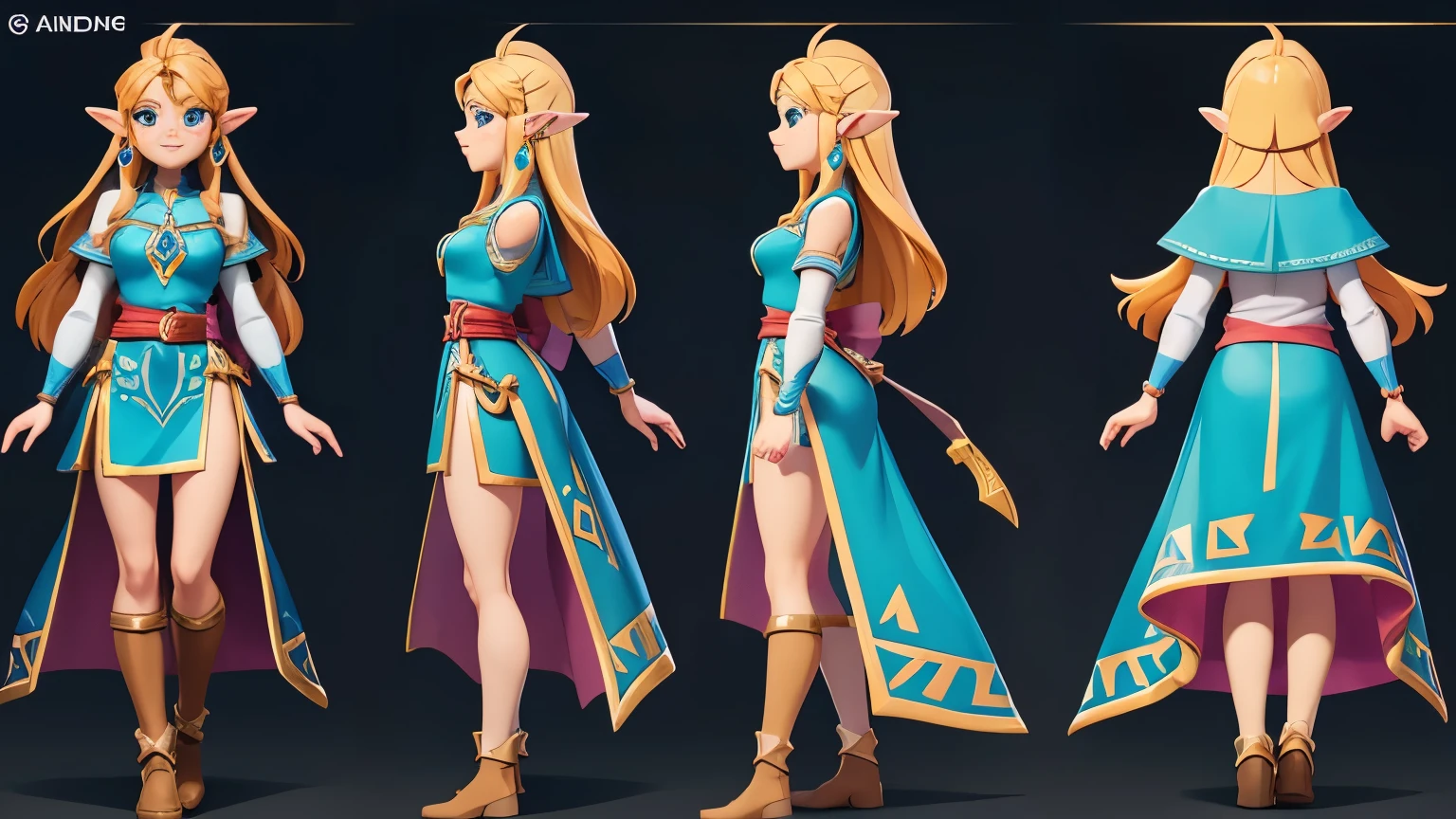 A pretty, fun and vibrant illustration of Zelda. [full body]. She is shown in multiple views, including front, side, and back, emphasizing his character base model,