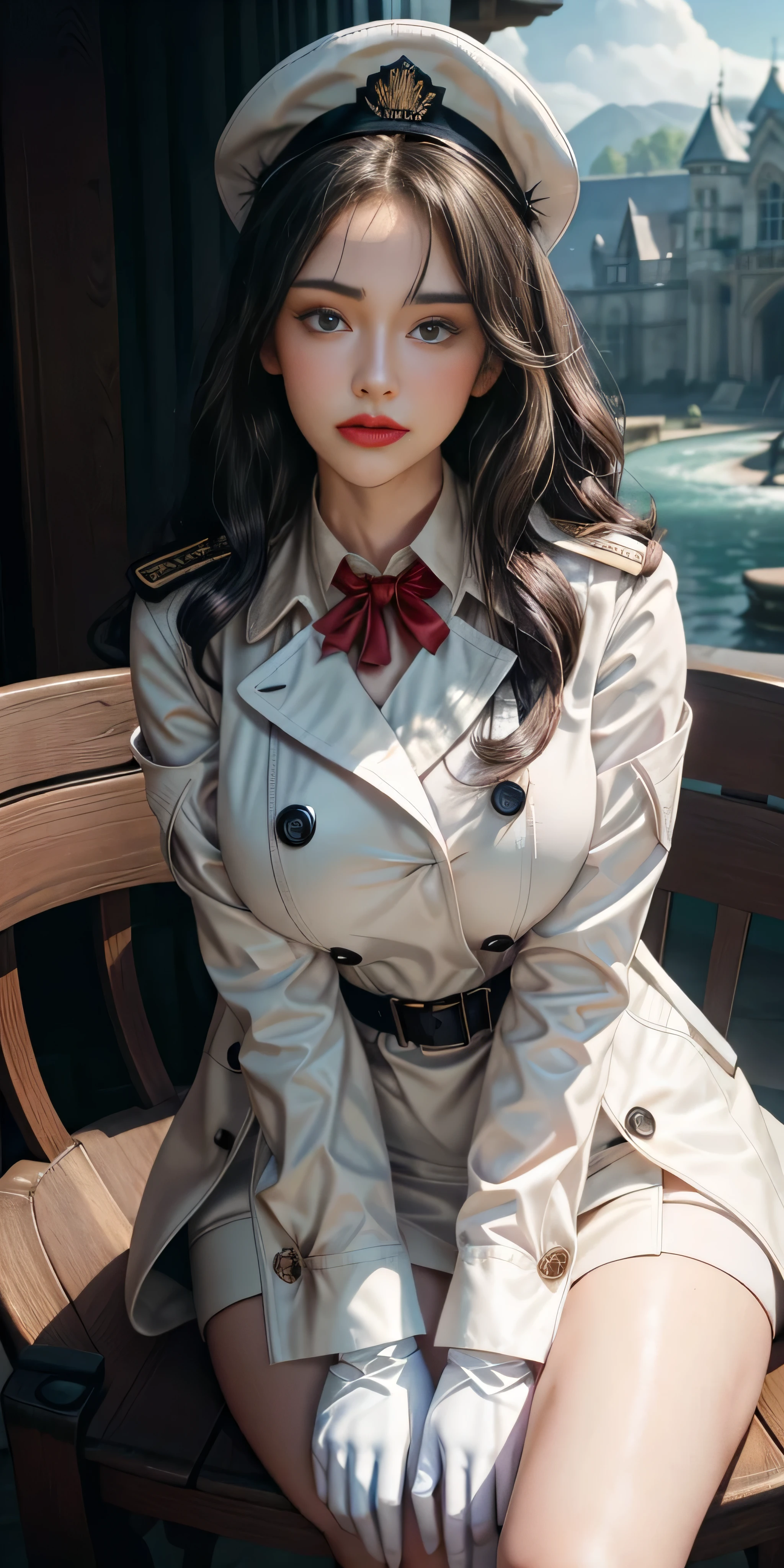 Very detailed CG, 1 girl, red face, slightly open lips, wet body, plump and symmetrical breasts, raised buttocks, long white trench coat, two-breasted buttons, buttoned well, white military cap, white gloves, white boots, green wavy curls, leather whip, chest bump close-up, buttocks close-up, multiple angles, sit on chair, black sky, gloomy castle, dynamic angle, flowing, 8k wallpaper, masterpiece, best quality, super detailed, best lighting, best shadows