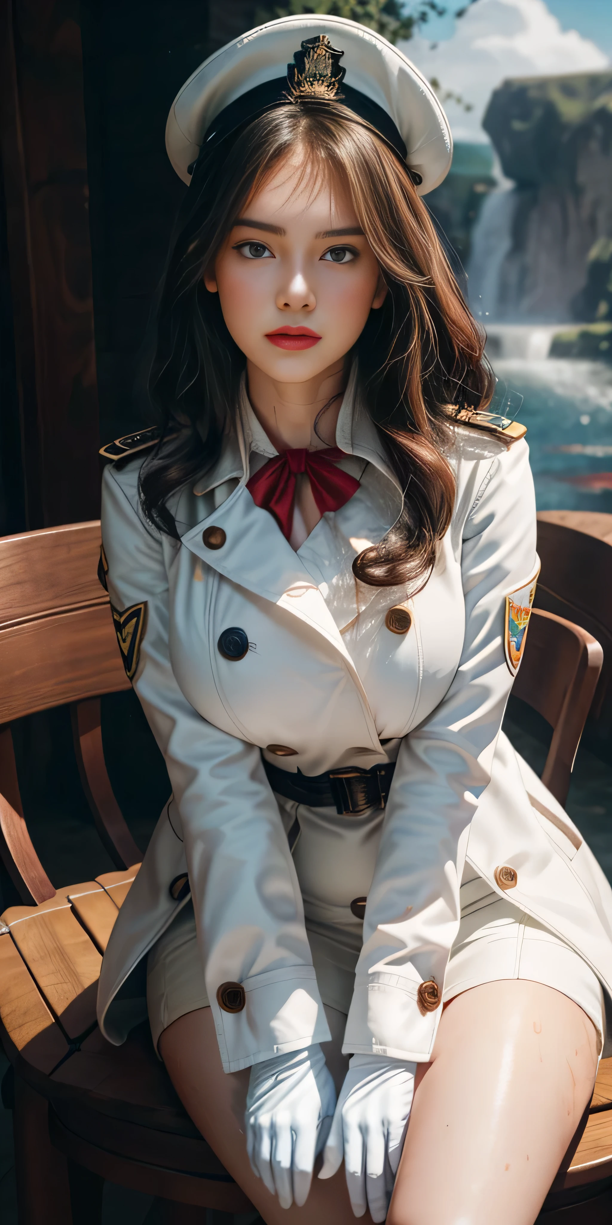 Very detailed CG, 1 girl, red face, slightly open lips, wet body, plump and symmetrical breasts, raised buttocks, long white trench coat, two-breasted buttons, buttoned well, white military cap, white gloves, white boots, green wavy curls, leather whip, chest bump close-up, buttocks close-up, multiple angles, sit on chair, black sky, gloomy castle, dynamic angle, flowing, 8k wallpaper, masterpiece, best quality, super detailed, best lighting, best shadows