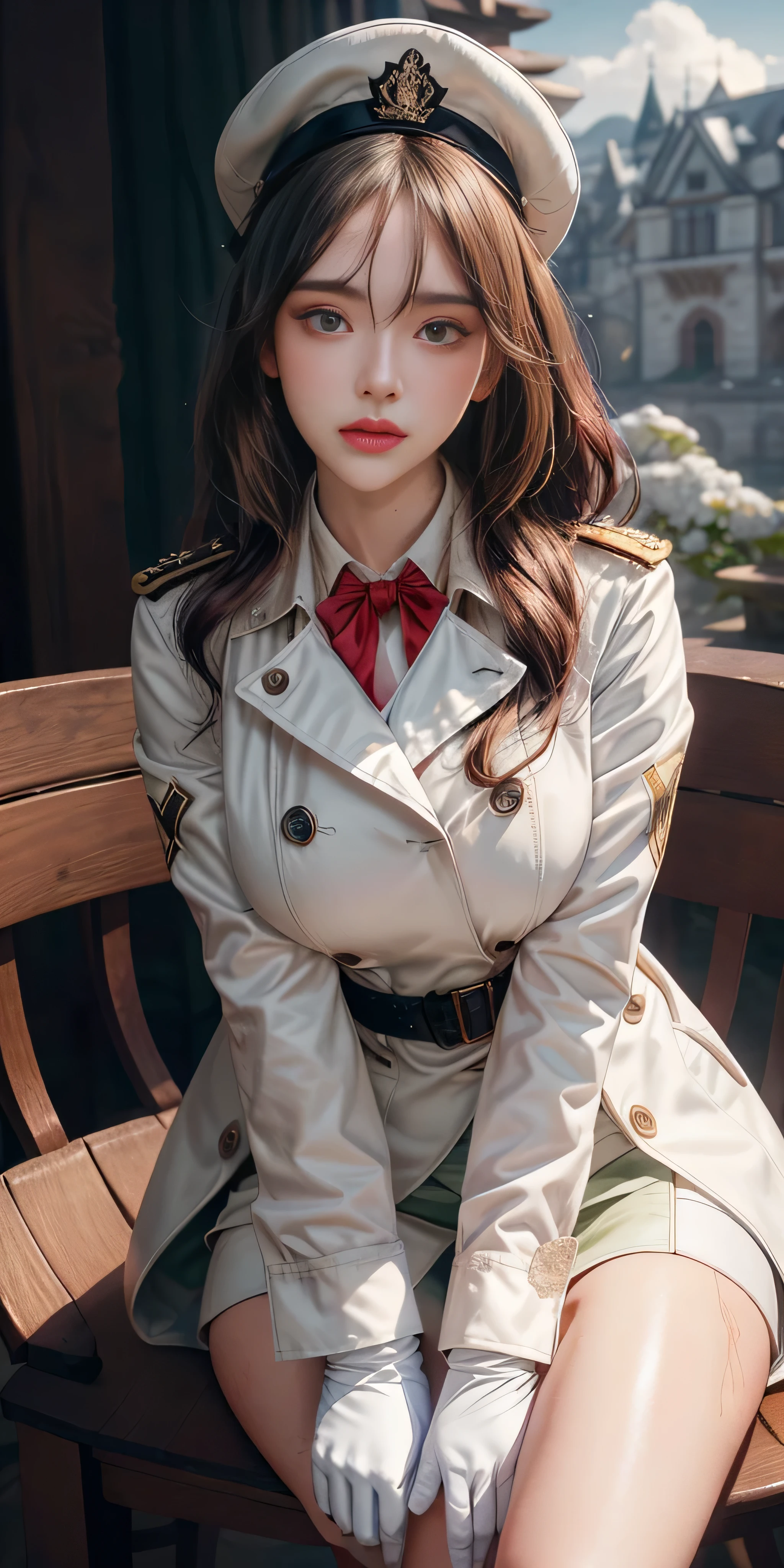 Very detailed CG, 1 girl, red face, slightly open lips, wet body, plump and symmetrical breasts, raised buttocks, long white trench coat, two-breasted buttons, buttoned well, white military cap, white gloves, white boots, green wavy curls, leather whip, chest bump close-up, buttocks close-up, multiple angles, sit on chair, black sky, gloomy castle, dynamic angle, flowing, 8k wallpaper, masterpiece, best quality, super detailed, best lighting, best shadows