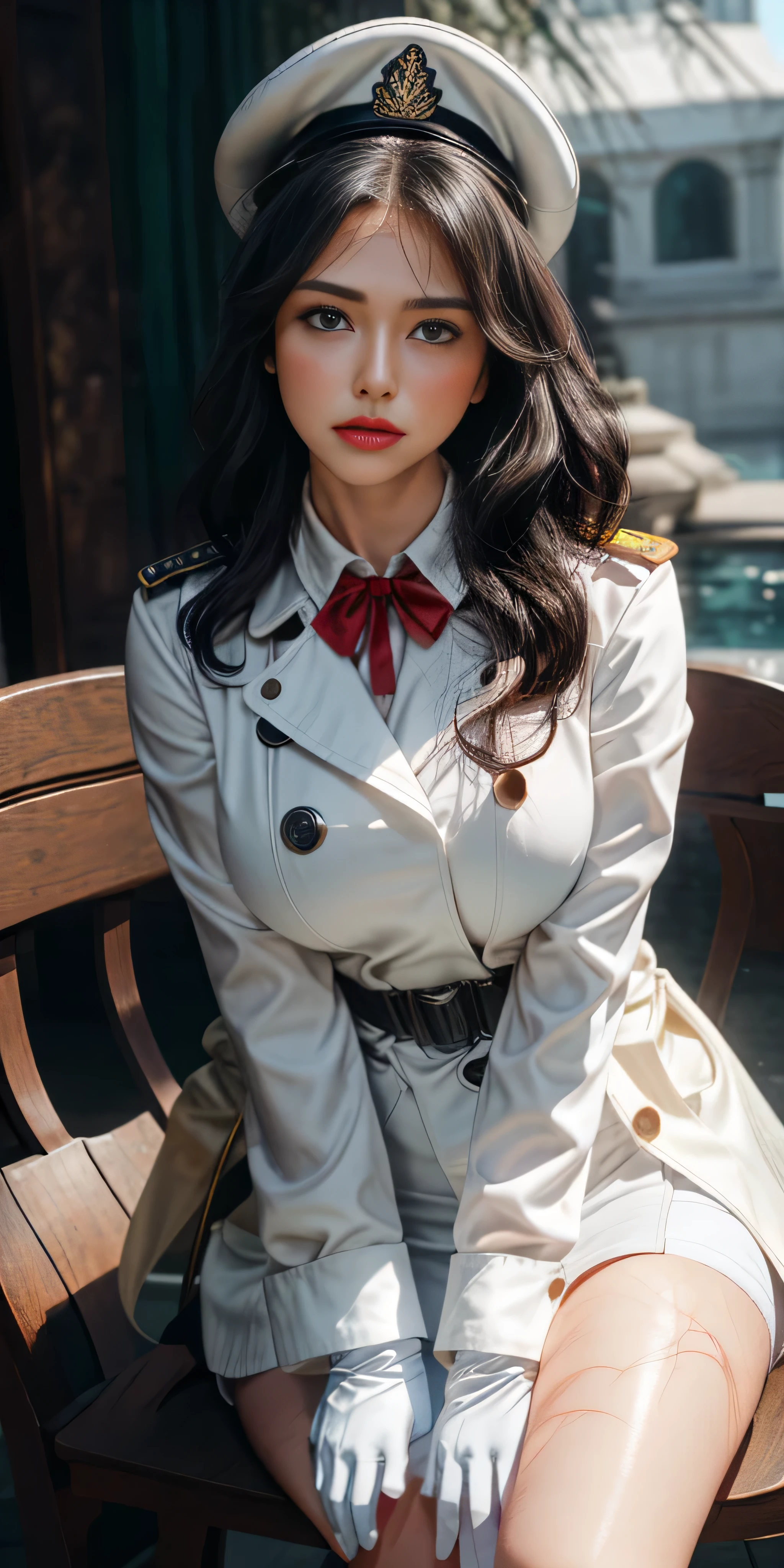 Very detailed CG, 1 girl, red face, slightly open lips, wet body, plump and symmetrical breasts, raised buttocks, long white trench coat, two-breasted buttons, buttoned well, white military cap, white gloves, white boots, green wavy curls, leather whip, chest bump close-up, buttocks close-up, multiple angles, sit on chair, black sky, gloomy castle, dynamic angle, flowing, 8k wallpaper, masterpiece, best quality, super detailed, best lighting, best shadows