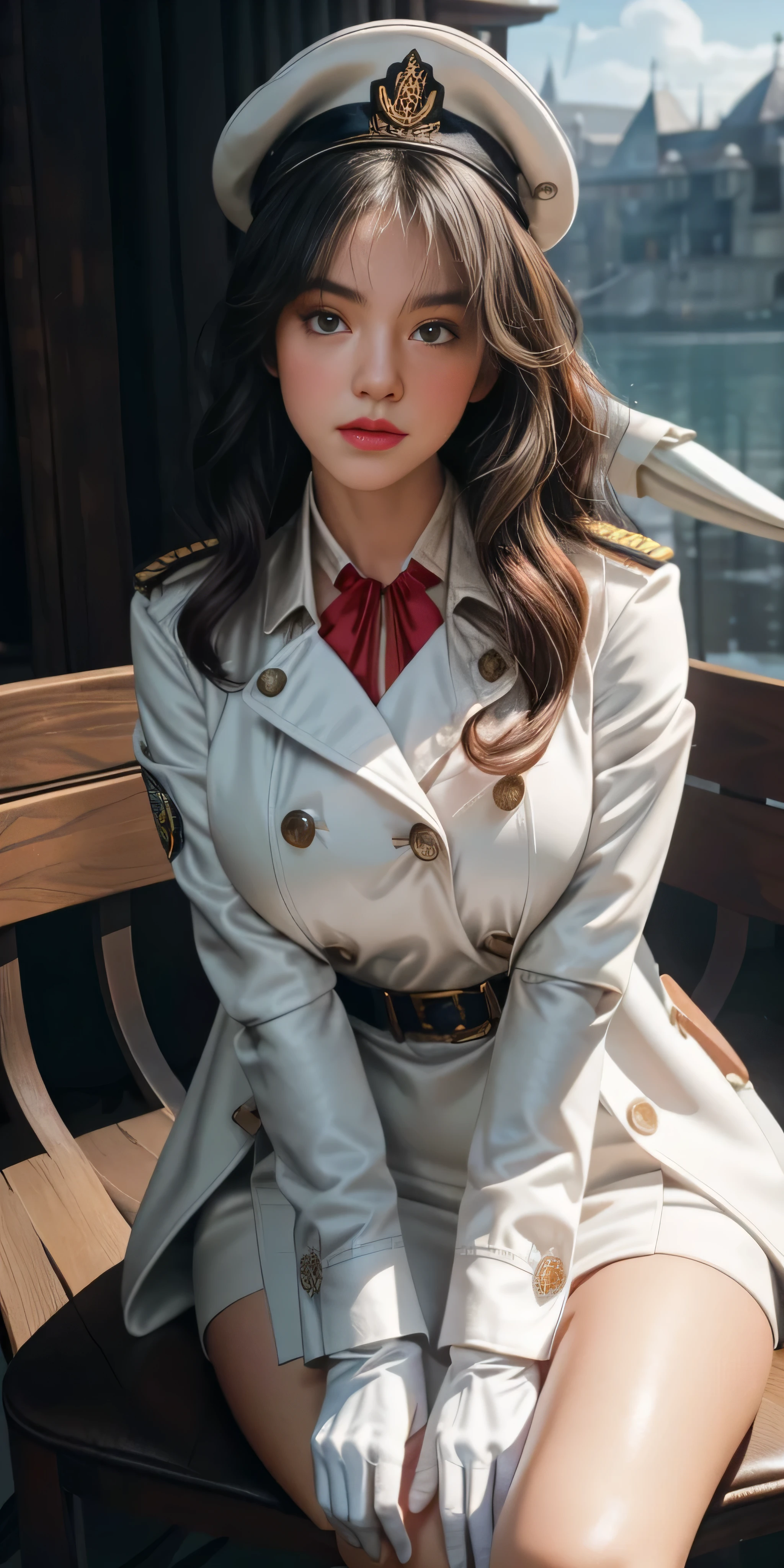 Very detailed CG, 1 girl, red face, slightly open lips, wet body, plump and symmetrical breasts, raised buttocks, long white trench coat, two-breasted buttons, buttoned well, white military cap, white gloves, white boots, green wavy curls, leather whip, chest bump close-up, buttocks close-up, multiple angles, sit on chair, black sky, gloomy castle, dynamic angle, flowing, 8k wallpaper, masterpiece, best quality, super detailed, best lighting, best shadows