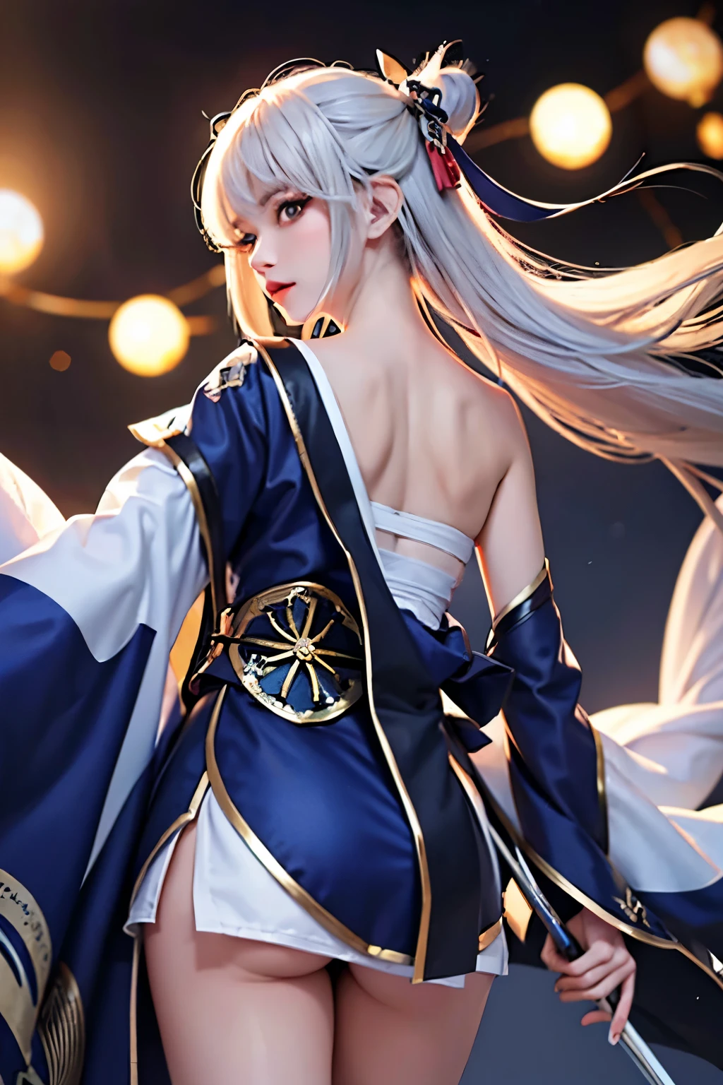 (masterpiece, best quality, dutch angle)(1girl, solo)(white hair,Lapis Lazuli Eyes,Straight long hair)(sarashi,japanese clothes,one shoulder、Wear one kimono:1.4、Black long kimono、One shoulder exposed)(Serious expression, Woman holding a sword:1.3、floating hair)(Japan Mansion、Mystical Night、Particles of light float around the woman、Fantastic atmosphere)from behind
