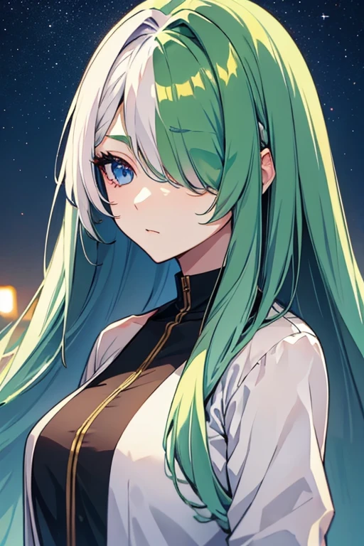 hair over one eye, White and green hair color、Casual girl、Hair on one eye、One Girl、Brown coat、Blue Eyes、Night Moon、Starry Sky(split-color hair, white hair, green hair:1.3