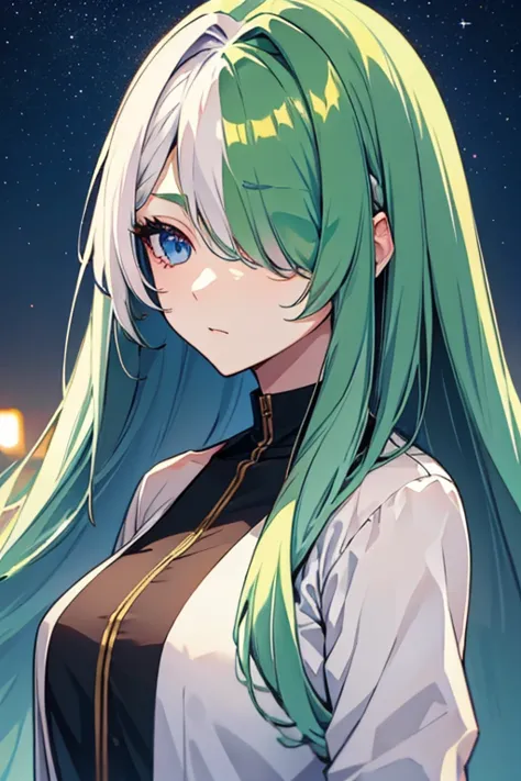 hair over one eye, White and green hair color、Casual girl、Hair on one eye、One Girl、Brown coat、Blue Eyes、Night Moon、Starry Sky(sp...