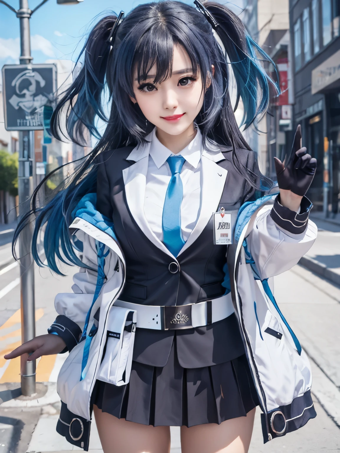 Masterpiece, hd, realistic, cosplayer, 1girl, yuuka \(blue archive\), solo, blue necktie, two-sided coat, blue hair, (blue hair:1.1), half gloves, pleated skirt, white shirt, two side up, belt pouch, suit jacket, id card, standing, cowboy shot, light smile, looking at viewer, outdoors, street, city, depth of field, masterpiece