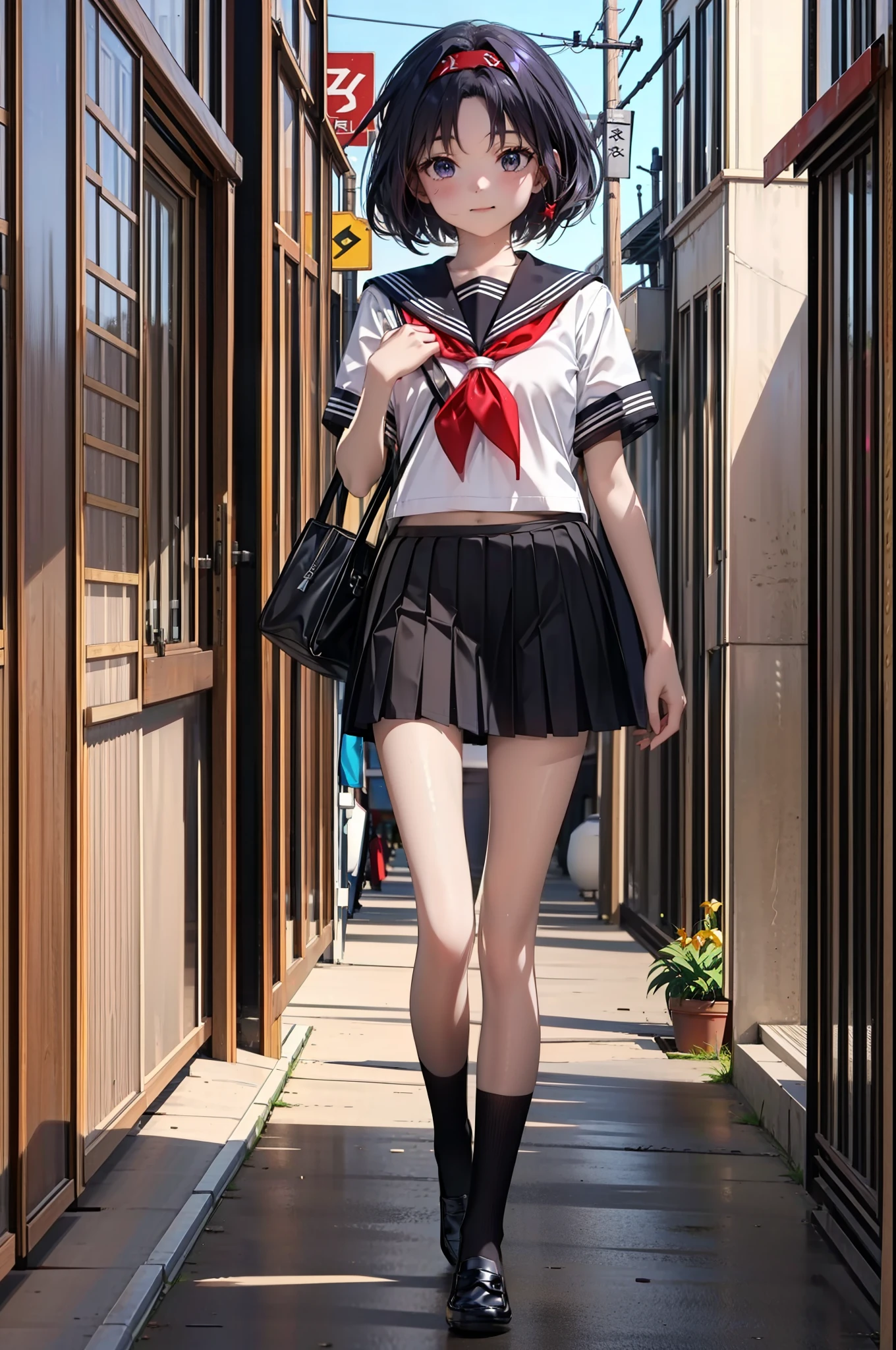 yuukikonno, Yuki Konno,Black Hair,short hair,Bob Hair ,Green headband,(iris:1.5), (Small breasts:1.2), smile,Japanese schoolgirl(Black Sailor Suit),Short sleeve,Black pleated skirt,Black knee socks,Brown Loafers,whole bodyがイラストに入るように,walk,
break outdoors,  city,construction area,
break looking at viewer, whole body,
break (masterpiece:1.2), highest quality, High resolution, unity 8k wallpaper, (shape:0.8), (Beautiful details:1.6), Highly detailed face, Perfect lighting, Extremely detailed CG, (Perfect hands, Perfect Anatomy),