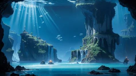 A painting depicting a fantasy world beyond dimensions,Undersea World,Atlantis,SF,Upright,Studio Ghibli,Unreal Engine,A magnific...