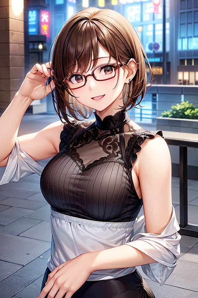 masterpiece、High resolution、High resolution、High resolution、1 female、Very close、((Depiction of only the upper body))、((Brown Hair、short hair、Pixie Cut))、((Round frame glasses))、、A kind smile、Smiling with teeth showing、((Late Night City))、