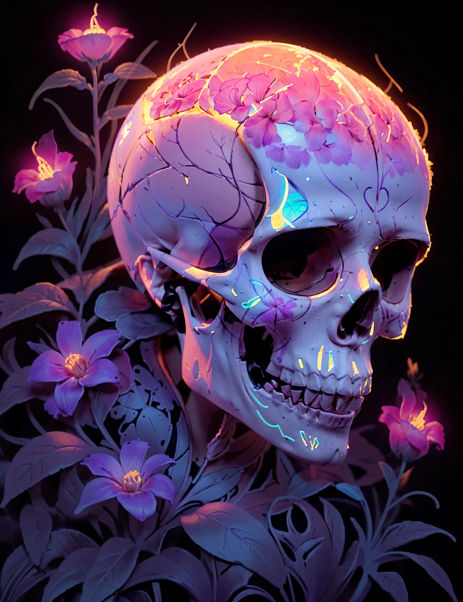 a close up of a skull with flowers in the background, jen bartel, by Ryan Yee, fantasy skull, beeple and james jean, over detailed art, dark art style, detailed digital drawing, by Justin Gerard, by loish, 8k high quality detailed art, detailed digital painting, low detailed. digital painting, dan mumford and alex grey style