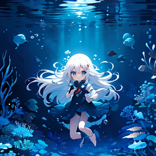 (Peace Fly), (highest quality), Very detailed, 1 girl, Personal full-body photo, Perfect Face, beautiful girl, Very detailed顔，(Long white hair:1.5)，(blue eyes:1.4)，(Flowing Hair:1.4)，(Underwater:1.4)，sink，school fishy，Light，jellyfish，Seaweed，Redfish，fishy，deep sea，Fantasy