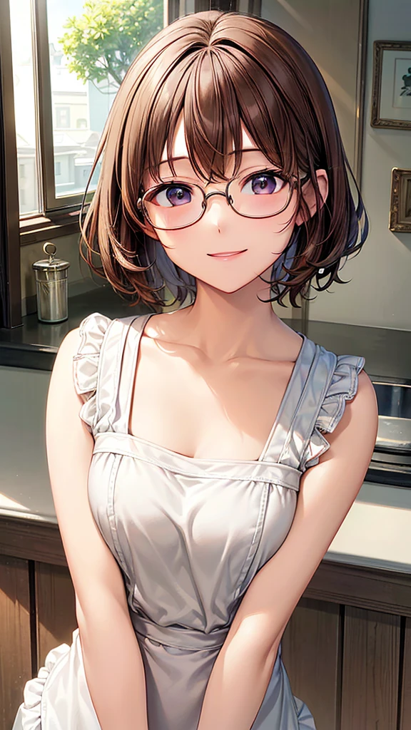 masterpiece、High resolution、High resolution、High resolution、1 female、Very close、((Depiction of only the upper body))、((Brown Hair、short hair、Pixie Cut))、((Round frame glasses))、((White apron))、A kind smile、Smiling with teeth showing、((Kitchen in the house))、Have a salad bowl