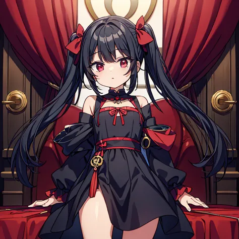 Wearing a black dress、Cute girl with black hair and red eyes