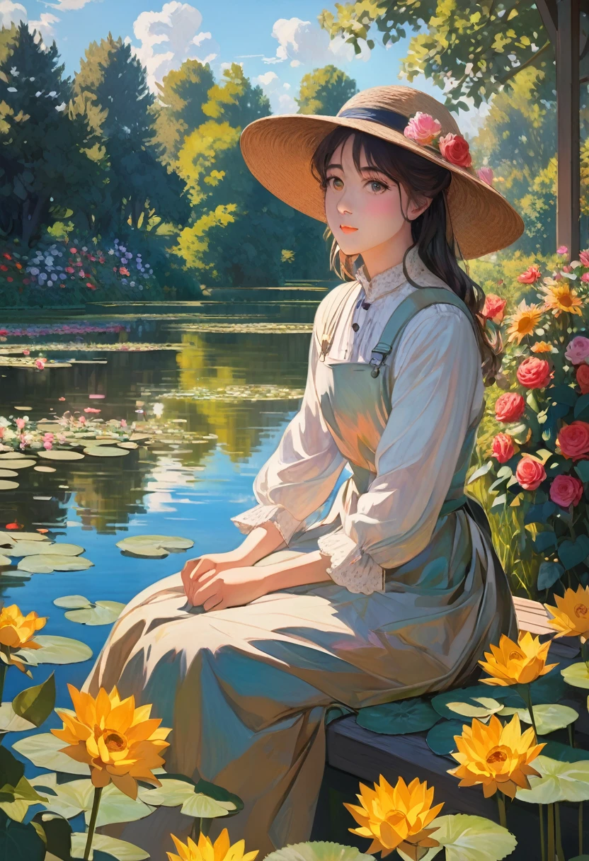 Claude Monet Style, A peaceful garden scene in the style of Claude Monet, with vibrant colors and soft brushstrokes. It features a beautiful girl sitting on a bench surrounded by blooming flowers and lush greenery. Her face, detailed and delicately painted, showcases her serene expression and sparkling eyes. The sunlight filters through the foliage, creating a dappled effect on the ground. The garden is filled with various kinds of flowers, including roses, lilies, and sunflowers, each painted with intricate details that highlight their texture and natural beauty. In the distance, a pond can be seen, reflecting the vibrant colors of the garden and the clear blue sky above. The water lilies on the pond are painted with meticulous attention to detail, capturing their delicate petals and the ripples they create on the water's surface. The overall image is of the highest quality, with ultra-detailed brushwork and sharp focus, providing a masterpiece that truly captures the essence of Claude Monet's signature style.