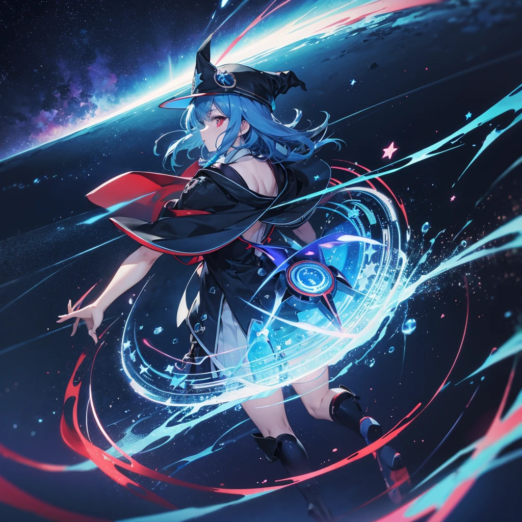 ((Blue Hair　magic circle　Witch Hat　Red eyes　Turn your back))　((thunder　Blitz　thunderの杖　starのペンダント　electricity　lightning))　(Magic Robe　shine　star　Streaks of Light　Black Hole)　moon　彗star　incantation　Runes　cool　Blue aura　Shining Edge