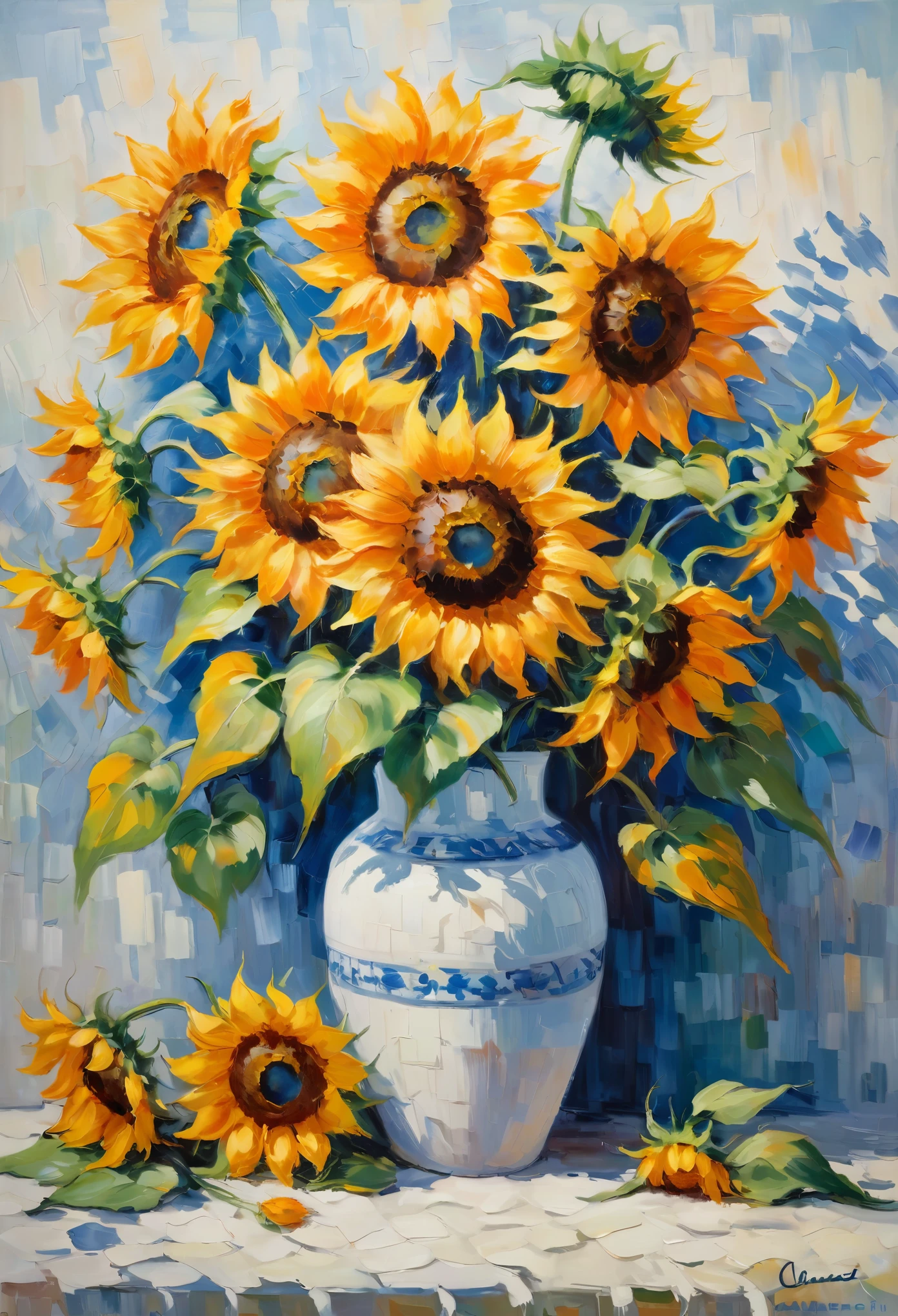 This impressionist painting captures the enchanting beauty of nature. With its dominant blue and orange hues, it exudes a romantic and passionate atmosphere.Several sunflowers in the white vase are blooming tenaciously , Signed by Claude Monet, it showcases his unique style and masterful technique, a treasure worth admiring.