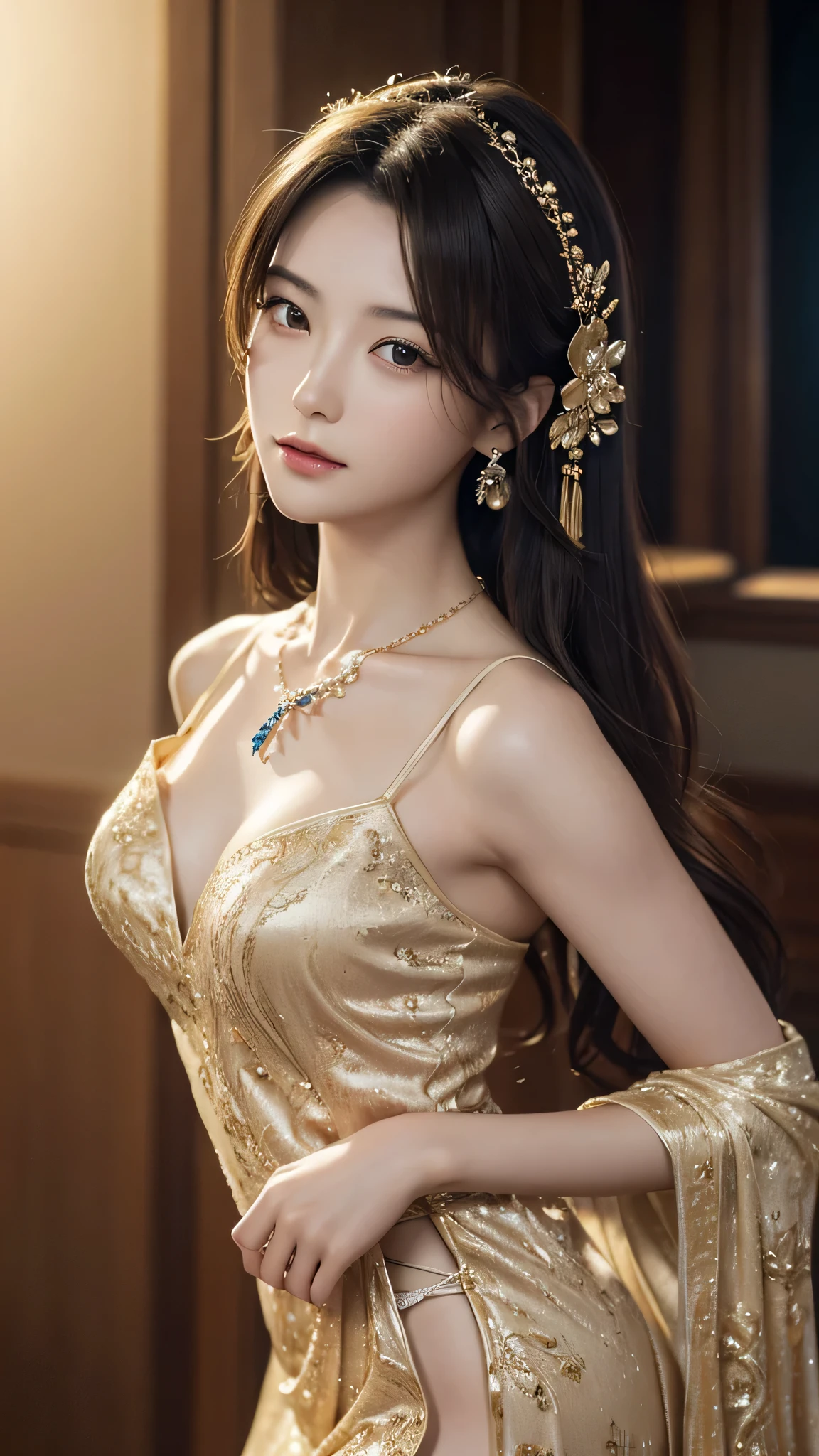 最high quality, masterpiece, High resolution, One Girl,China dress,hair ornaments,necklace, jewelry,Beautiful Face,in addition_body, Tyndall effect,Realistic, Dark studio, Rim Light, Two-tone lighting,(Skin with attention to detail:1.2), 8K Ultra HD, Digital SLR, Soft lighting, high quality, Volumetric lighting, Frank, photograph, High resolution, 4K, 8k, Bokeh,