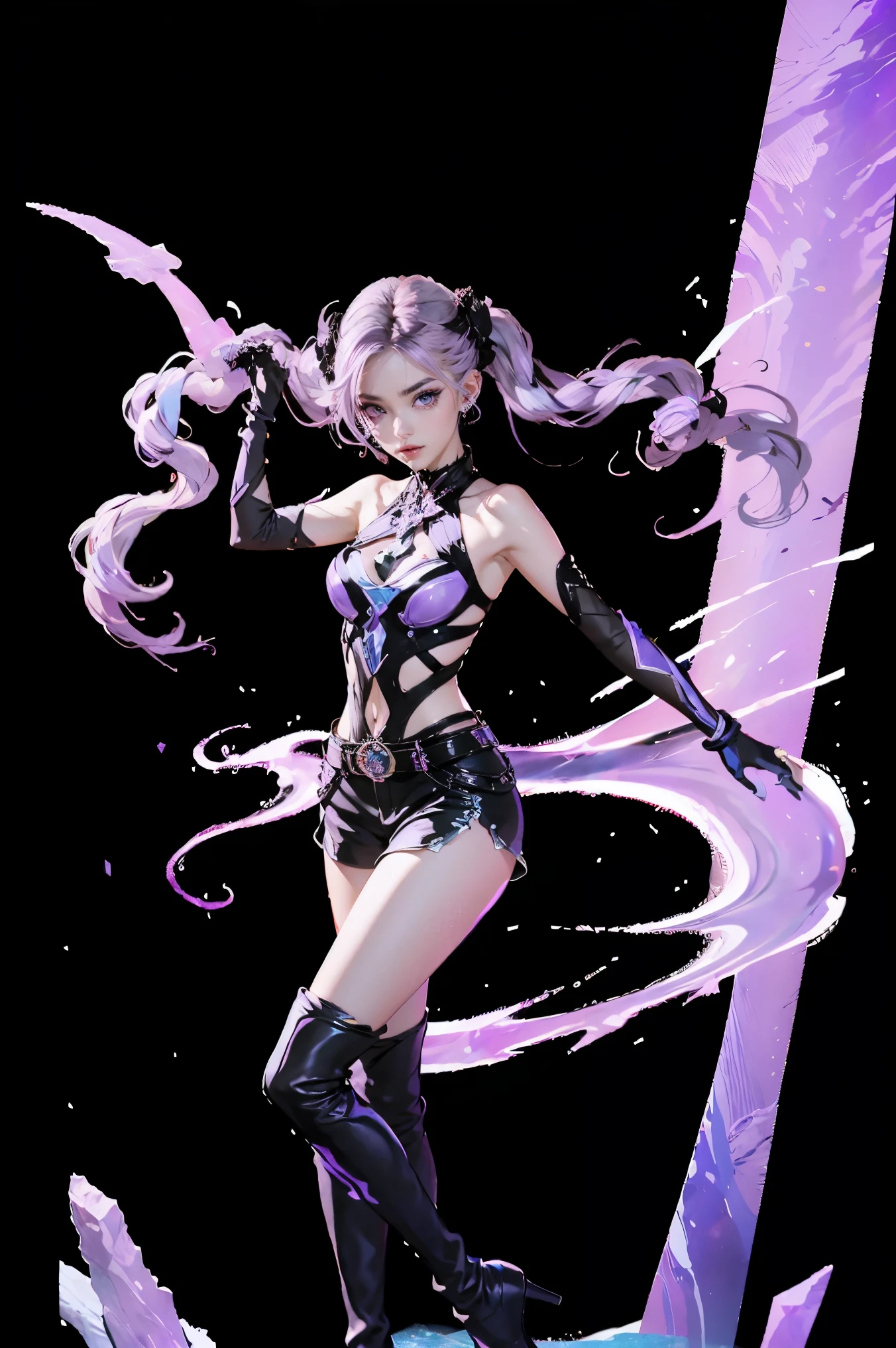 ,Best Quality, Ultra High Resolution, Cute, (KPOP Idol), (Long Twintail), (Light Purple Hair:1), ((Big Eyes)), Looking at you, BREAK ((upper body:1.3)), Front View,A character with long, flowing silver hair and a slender build, wearing a black and white outfit that includes thigh-high boots and gloves. The character is in a dynamic pose surrounded by ethereal purple crystals and energy, The character is in a dynamic pose surrounded by ethereal purple crystals and energy,A character with long, flowing purple hair, wearing a metallic top and black shorts with thigh-high boots. The outfit includes straps and belts, giving it a futuristic or fantasy style. The character is in a dynamic pose with radiant light or energy surrounding them, set against a minimalistic abstract background,
