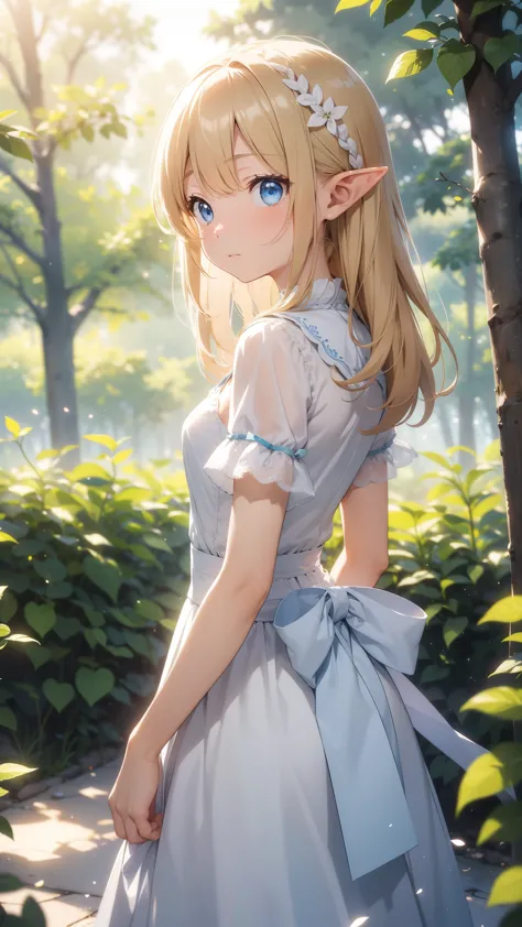 depth of field, sparkle, cinematic lighting, f/2.8, 35mm, UHD, retina, high details, high quality, highres, best quality, 4K,In a fantastic forest、Elf girl standing alone、Blonde、Blue Eyes、A fantastic outfit based on white、A fantastic atmosphere、One Girl、((...