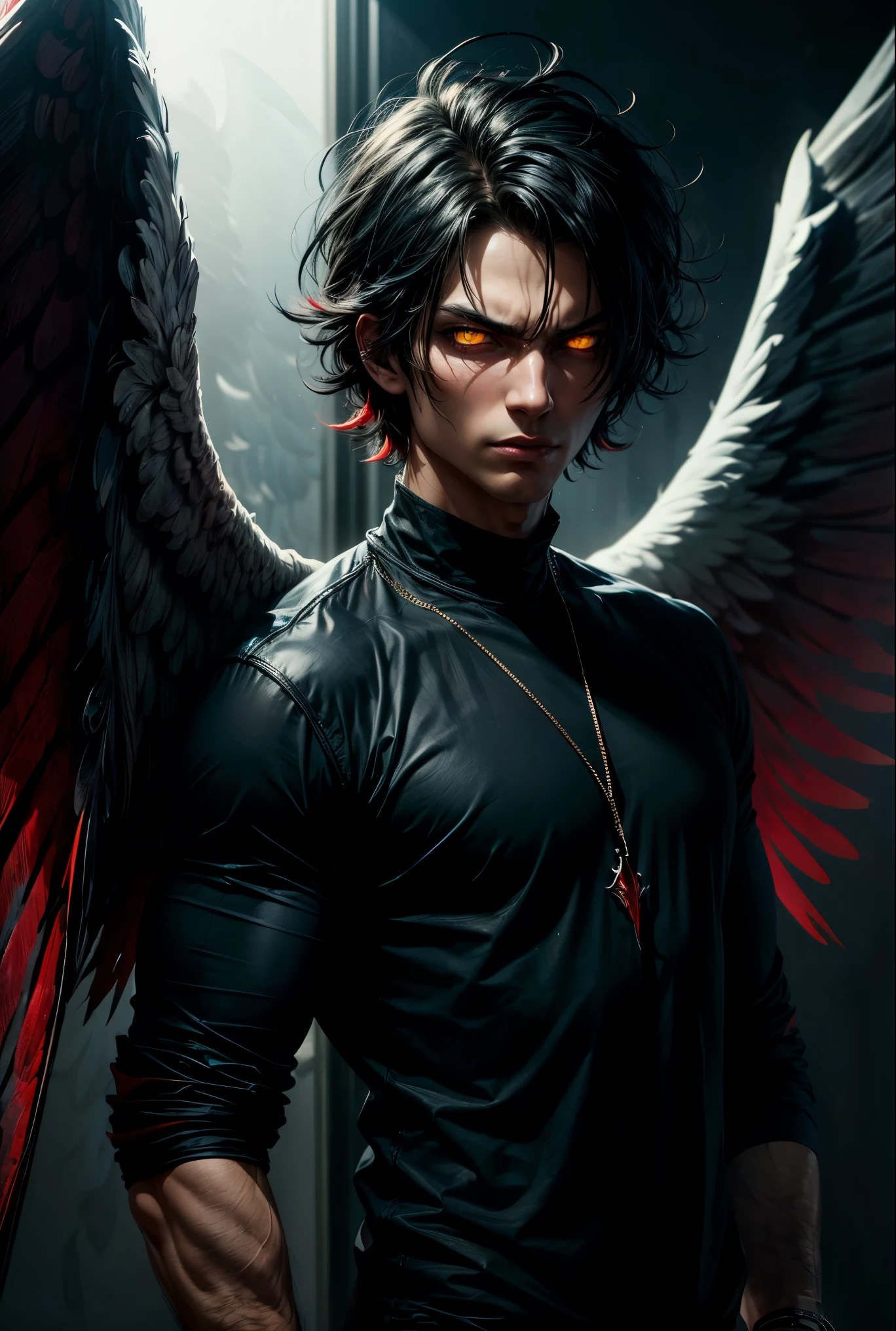 Hombre con el pelo desordenado, de color negro y azul, usando ropa casual, con ojos amarillos, aura negra, mala mirada, ((1 ala malvada roja)), ((1 ala de ángel blanca))