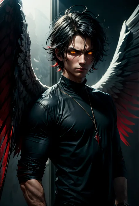 Man with messy hair, black and blue in color, wearing casual clothes, with yellow eyes, black aura, evil look, ((1 red evil wing...