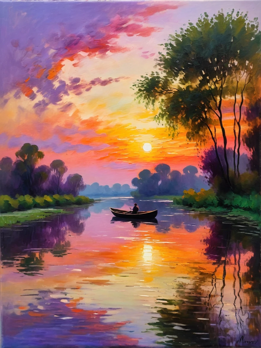 (克劳德·莫奈风格:1.3)，以印象派艺术风格捕捉场景，焦点是绚丽的日落，天空渐渐变成橙色，紫色和粉红色，有一条河流穿过场景，反射这些美丽的颜色，在这条河的岸边，我们看到的轮廓散发着乡村魅力，也许是一艘静止的划艇或一张废弃的长椅，树木为场景增添了各种绿色色彩，与天空的暖色调形成对比，整个画面的笔触模糊，印象派时代的灯塔，让它受到1912年之前创作的艺术的启发