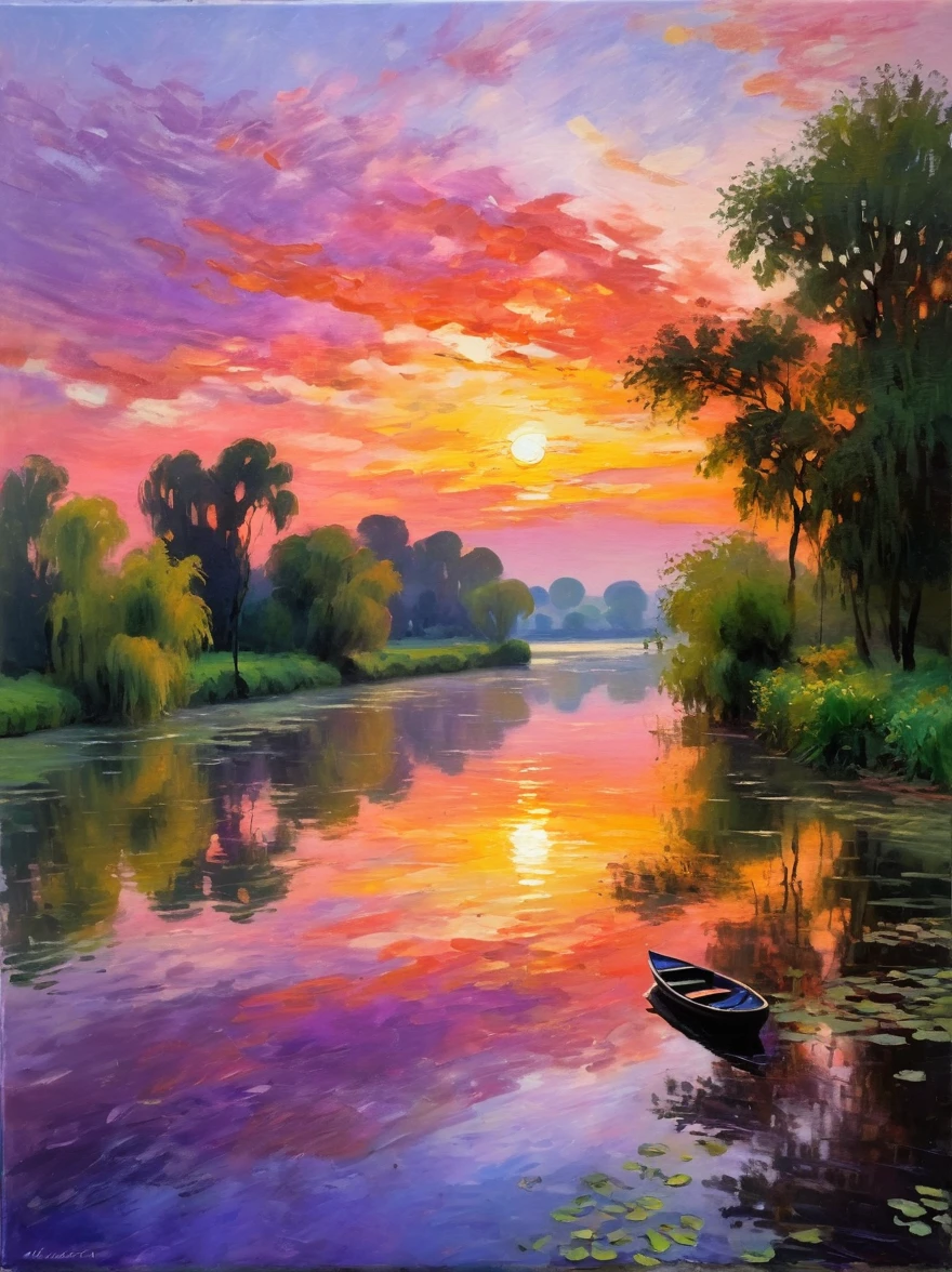 (Claude Monet Style:1.3)，Capturing a scene in the style of impressionist art，The focus is on the vibrant sunset，The sky gradually turned orange，Purple and pink colors，There is a river running through the scene，Reflecting these beautiful colors，On the bank of this river，We see silhouettes that suggest rural charm，Maybe a dormant rowboat or a deserted bench，Trees paint the scene with a variety of greenery，Contrasts with the warm tones of the sky，The whole picture has blurred strokes，A beacon of the Impressionist era，Let it be inspired by art created before 1912