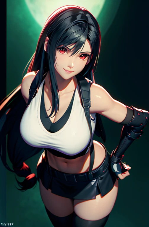 Tifa Lockhart, Tifa_Lockhart,  fantaisie finale 7, visage sensuel, (Gilet blanc:1.5), minijupe en latex noir, (cheveux longs noirs), frange de cheveux (les yeux rouges:1.2) long cils, surréalisme, Ombre, stéréogramme, voir, perspective atmosphérique, éclairage de cinéma, tracé laser, 8k, super détail, meilleure qualité, chef-d&#39;œuvre, Très détaillé,gants de combat, Gros seins, Mince, grand , énorme , jambes écartées, Pince blanche (sourire)(((Gros seins、Coupe-bas，clivage, Hanches larges,)))Longues jambes , 