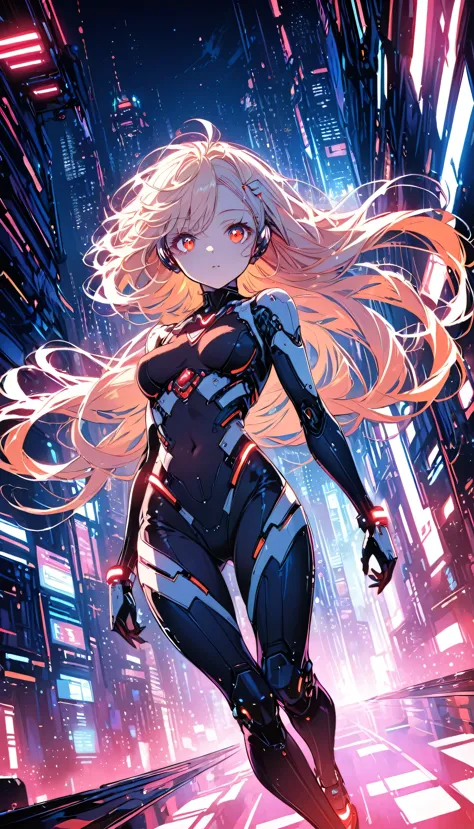 (sfw), intricate details, one girl, night, (bright neon colors), ((flying over a futuristic cyberpunk city)), detailed backgroun...