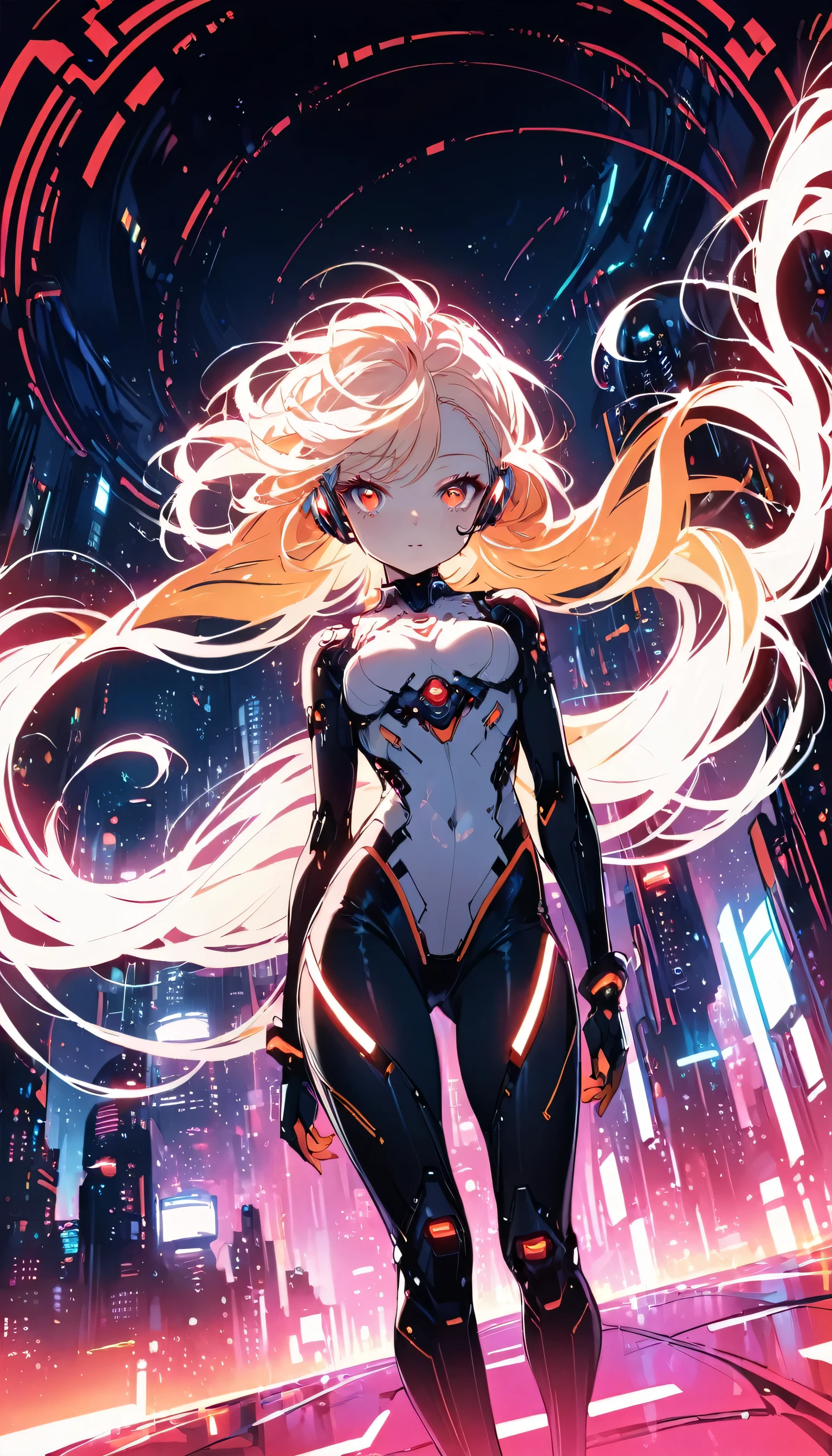 (SFW), Intricate details, One girl, night, (Bright neon colors), ((Flying over a futuristic cyberpunk city)), Detailed Background, (Petite cyborg girl, ((Cute perfect face, Bright red eyes)), (Perfect Anatomy,  and firm breasts), (Extremely long orange and white gradient hair, Hair blowing in the wind)), Detailed ribbed impossible bodysuit, Pauldrons, Cybernetic limbs, Dynamic Angle, 