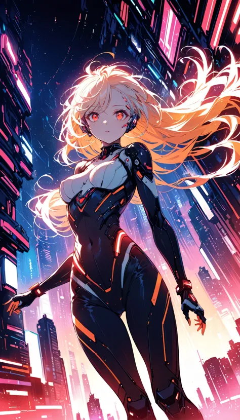 (SFW), Intricate details, One girl, night, (Bright neon colors), ((Flying over a futuristic cyberpunk city)), Detailed Backgroun...