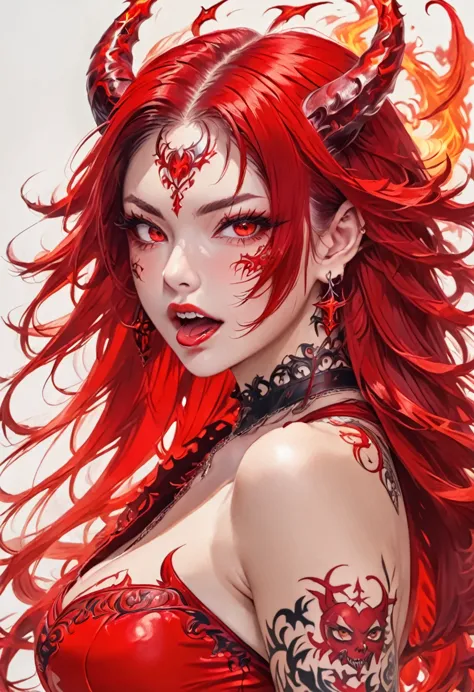 High quality, HD, long hair, sharp red eyes color, tongue, pierced, tattoo, female devil, devil girl, one person, single person,...