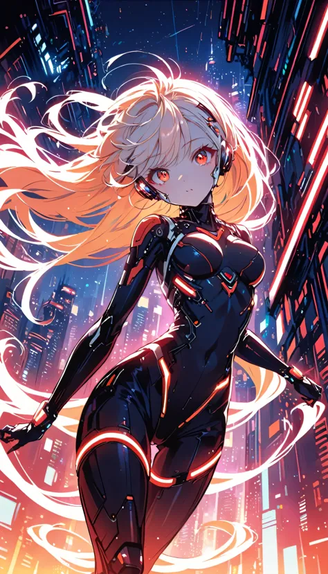 (SFW), Intricate details, One girl, night, (Bright neon colors), ((Flying over a futuristic cyberpunk city)), Detailed Backgroun...